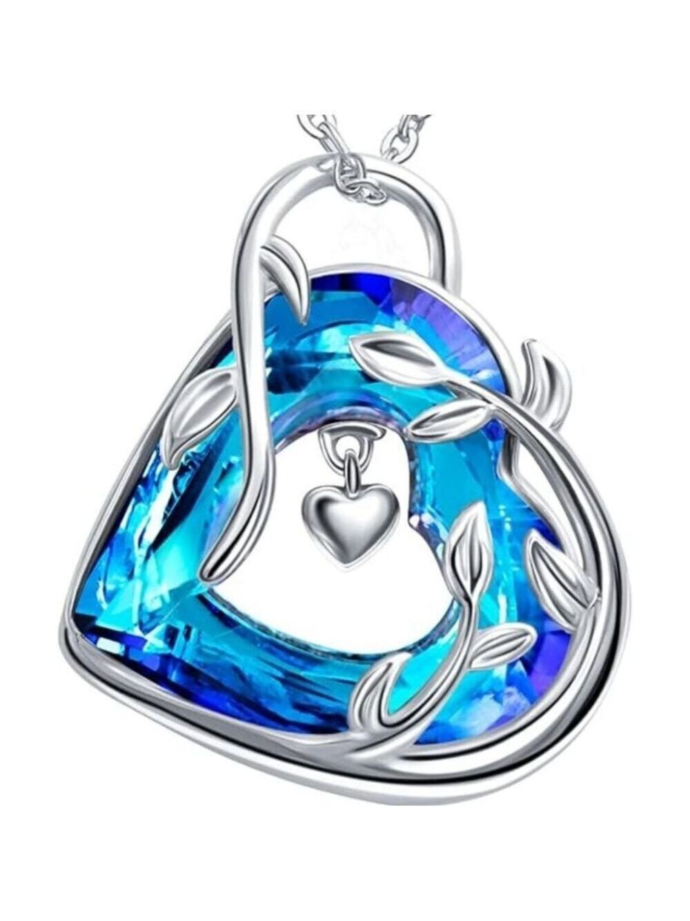 Rhodium Plated Heart Crystal Pendant Necklace, Blue
